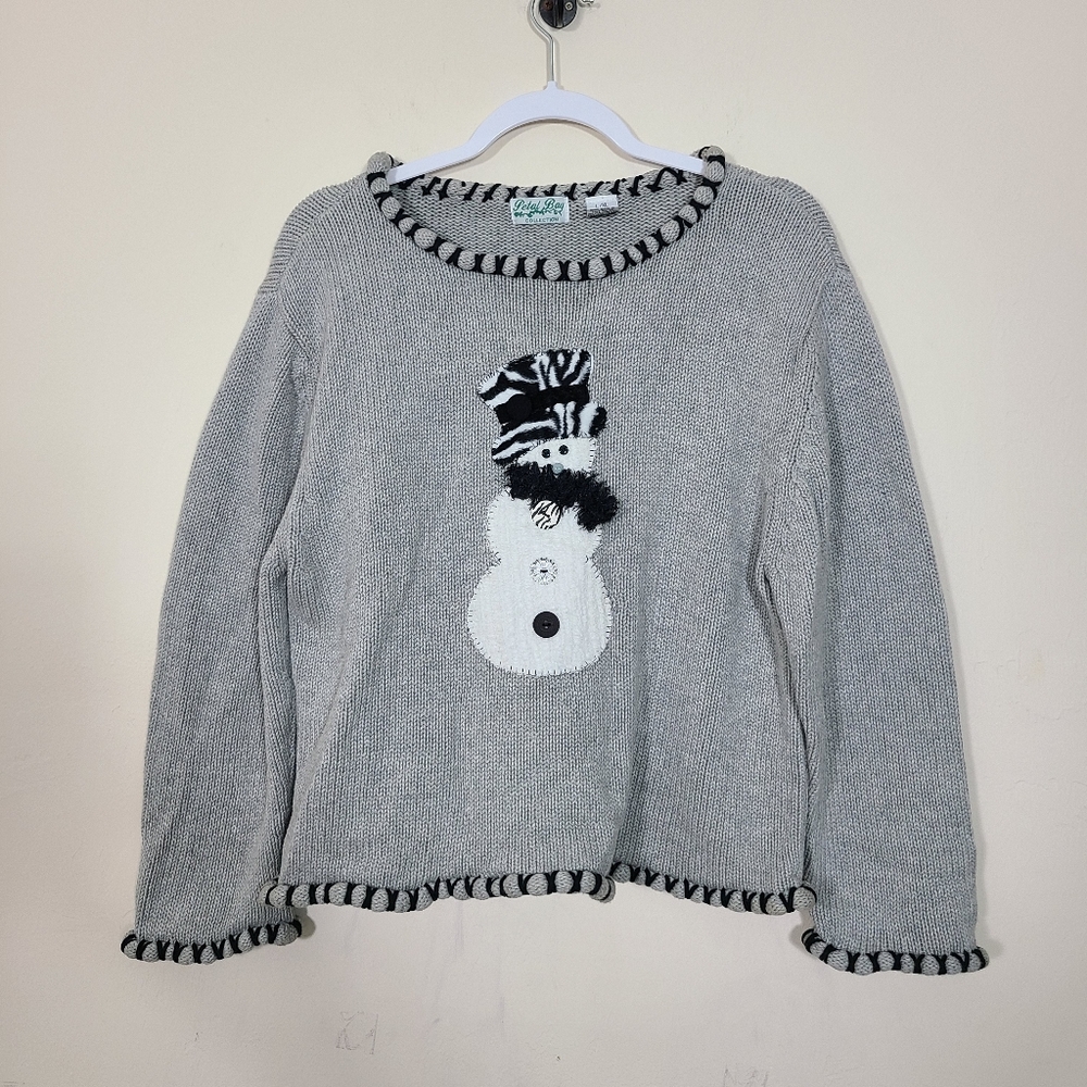 Holiday Gray And Black Womens L/XL Snowman Sweater Knit Chunky Neutral Petal Bay